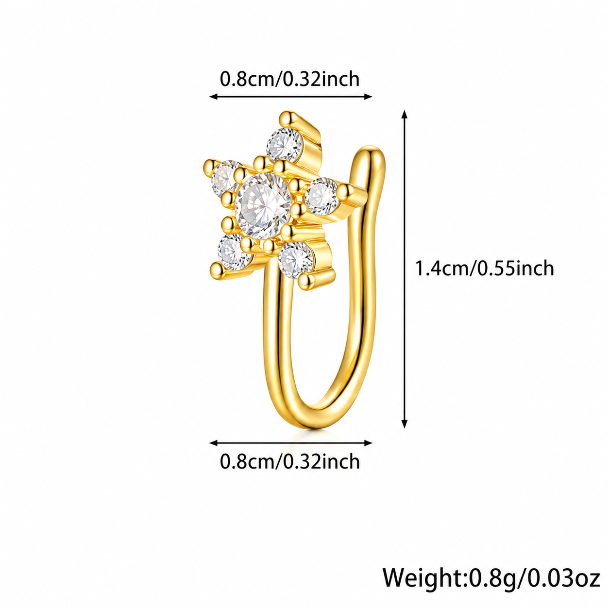 925 Silver Gold Plated Star CZ Nose Ring (Non-Piercing)