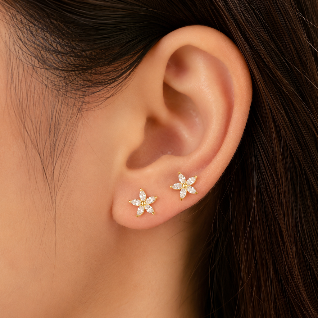 Gold Floral Crystal Stud Earrings (Pair)