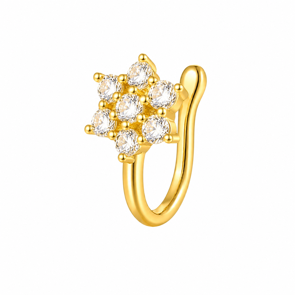 925 Silver Gold Plated Floral CZ Nose Ring (Non-Piercing)