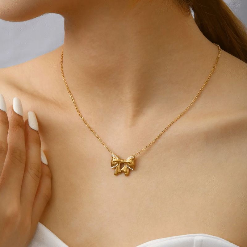 18K Gold Plated Studded Bow Knot Necklace