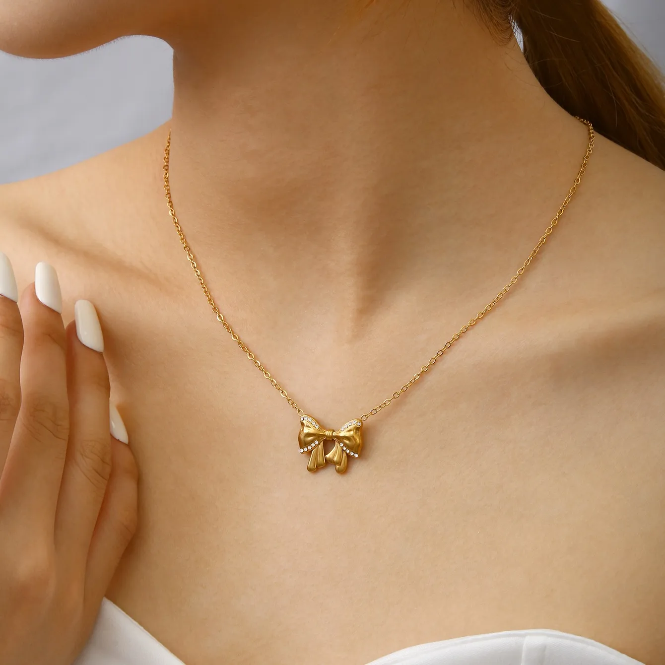 18K Gold Plated Studded Bow Knot Necklace