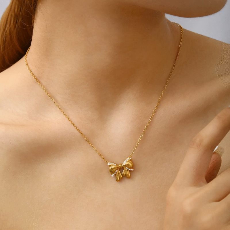 18K Gold Plated Studded Bow Knot Necklace - Image 3
