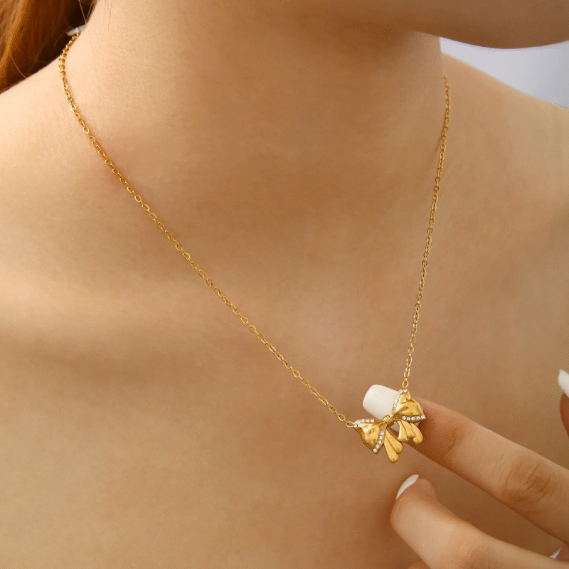 18K Gold Plated Studded Bow Knot Necklace - Image 6