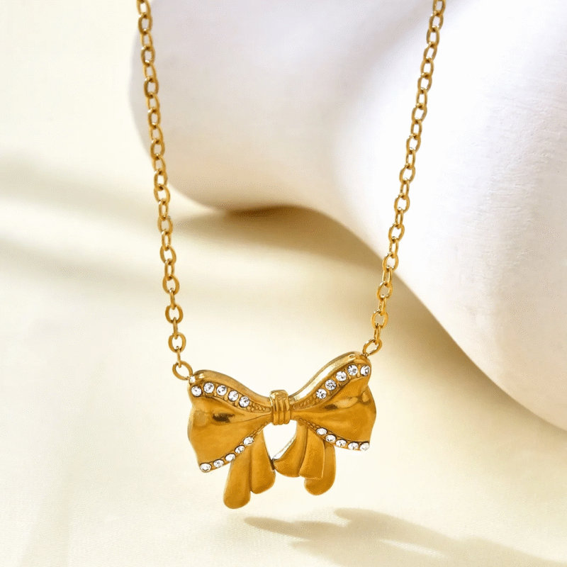 18K Gold Plated Studded Bow Knot Necklace - Image 2