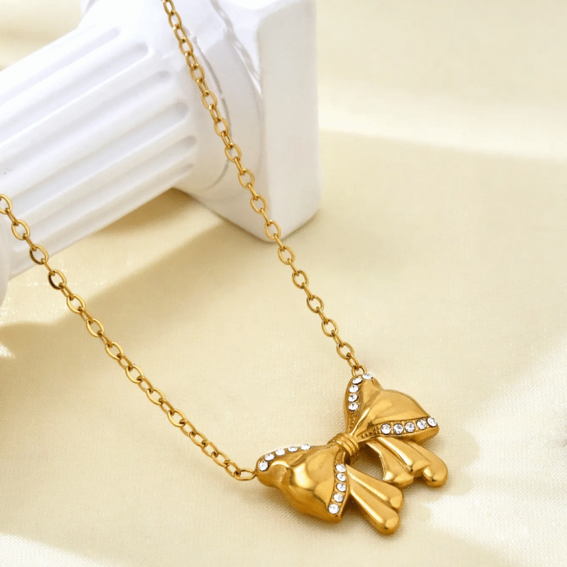 18K Gold Plated Studded Bow Knot Necklace - Image 4