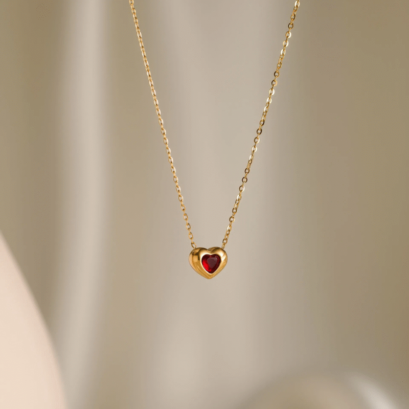 18K Gold Plated Heart Necklace - Red