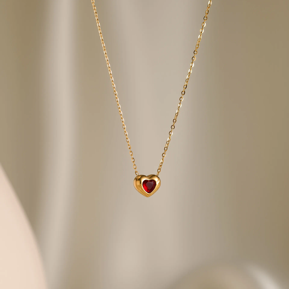18K Gold Plated Heart Necklace - Red