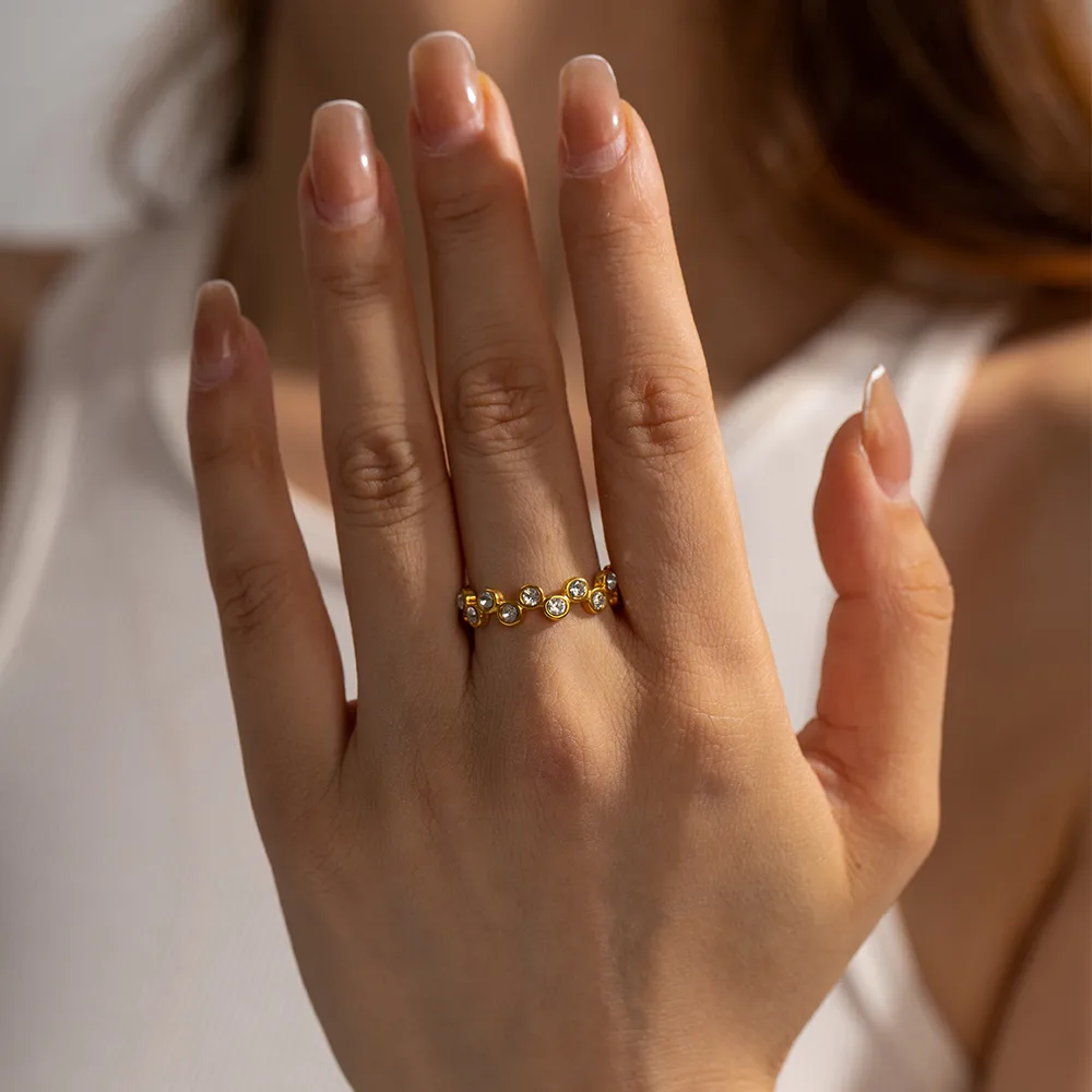 18K Gold Plated Wave Adjustable Ring - White Stones