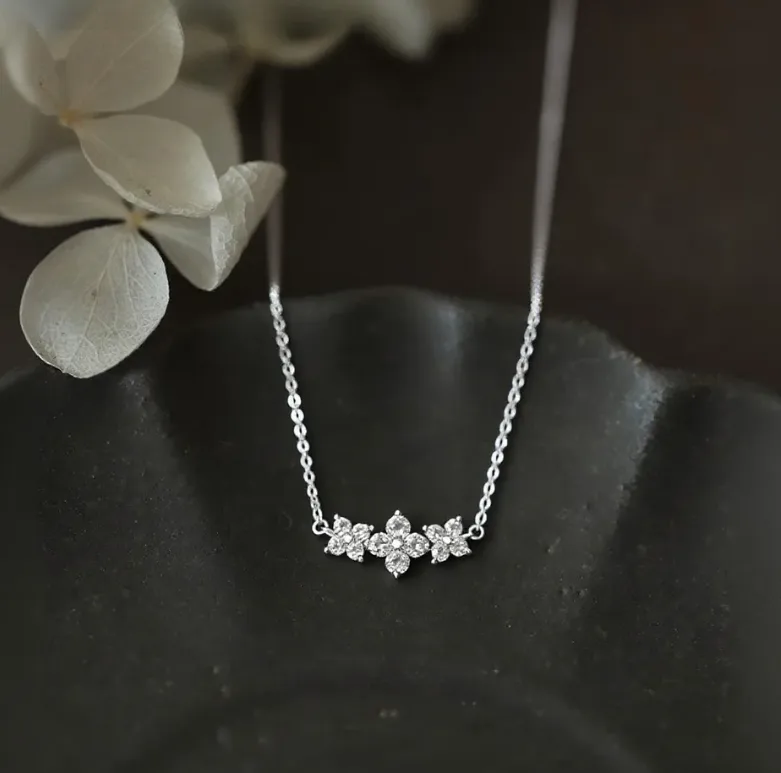 925 Sterling Silver Floral Necklace - White Gold Plated