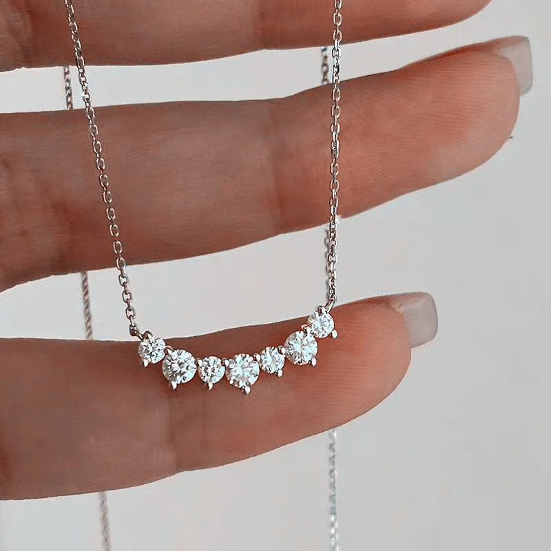925 Sterling Silver Sparkle Stones Arc Necklace - White Gold Plated