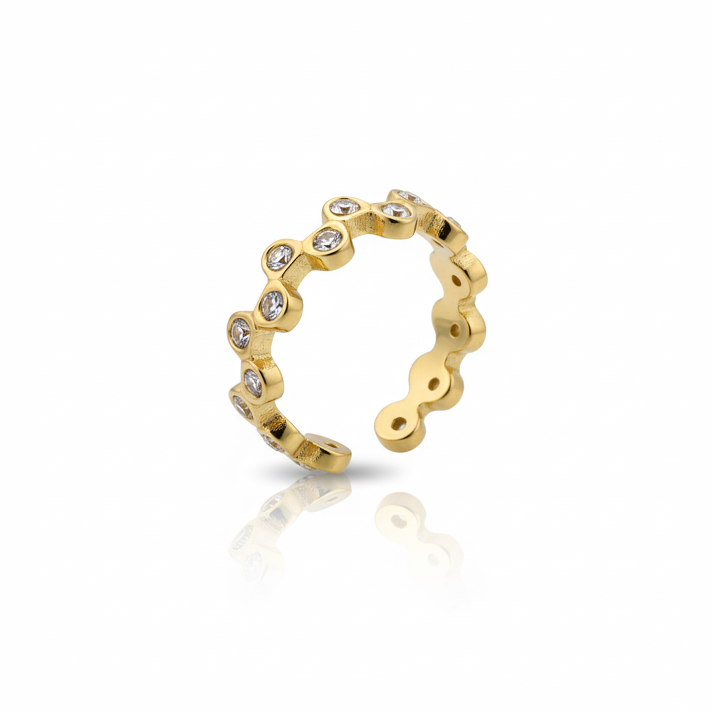 18K Gold Plated Wave Adjustable Ring - White Stones